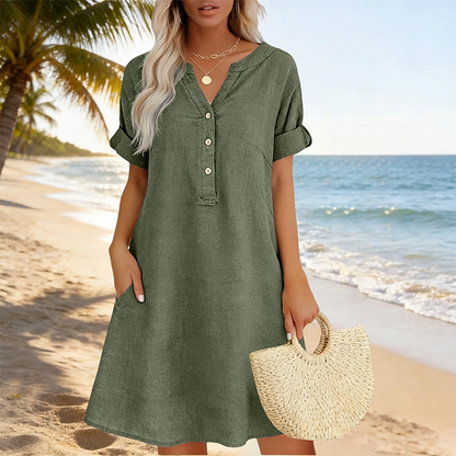 👗Lässiges Tunika-Kleid für Damen mit V-Ausschnitt und Taschen