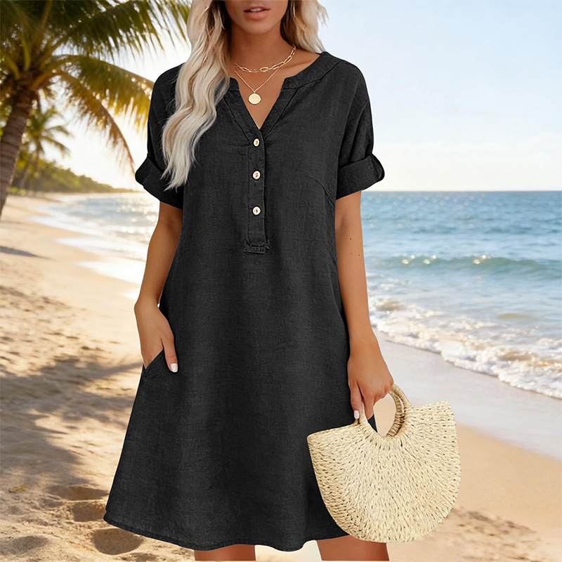 👗Lässiges Tunika-Kleid für Damen mit V-Ausschnitt und Taschen