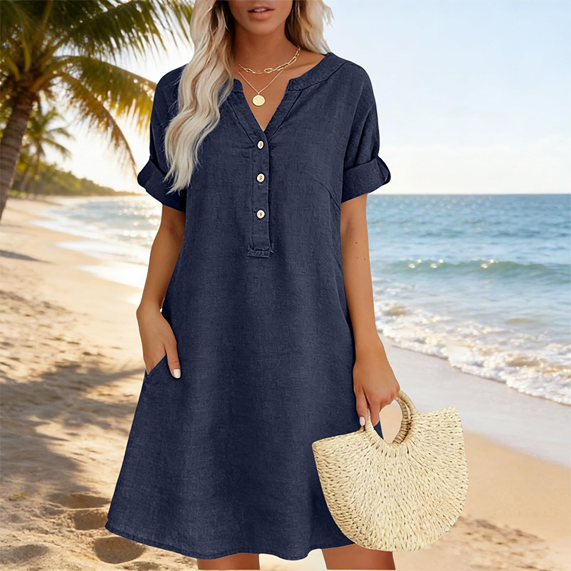 👗Lässiges Tunika-Kleid für Damen mit V-Ausschnitt und Taschen