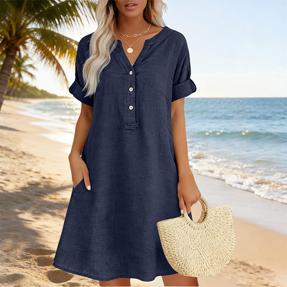 👗Lässiges Tunika-Kleid für Damen mit V-Ausschnitt und Taschen