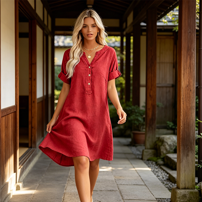👗Lässiges Tunika-Kleid für Damen mit V-Ausschnitt und Taschen