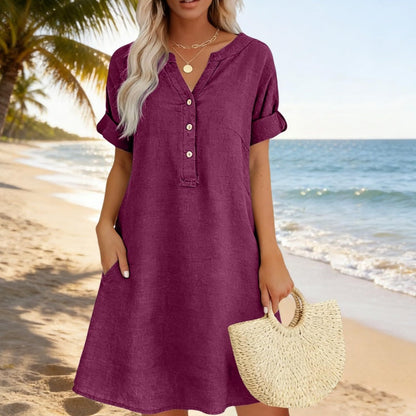 👗Lässiges Tunika-Kleid für Damen mit V-Ausschnitt und Taschen