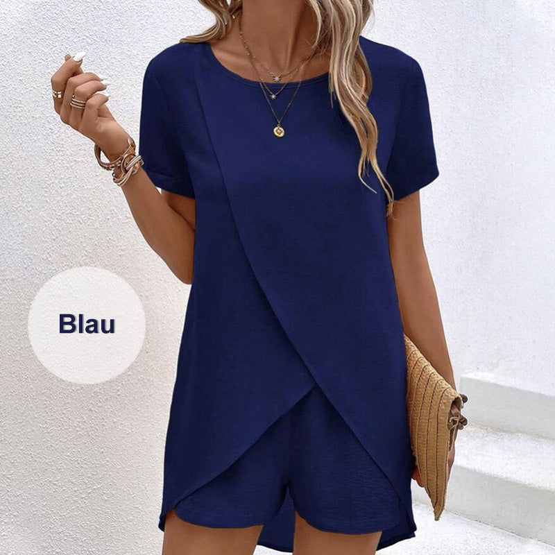 🍂 Einfarbiges Zweiteiler-Set mit asymmetrischem Oberteil & Shorts – Lässig & modern!