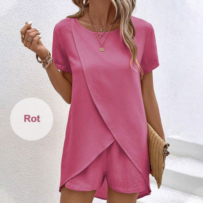 🍂 Einfarbiges Zweiteiler-Set mit asymmetrischem Oberteil & Shorts – Lässig & modern!