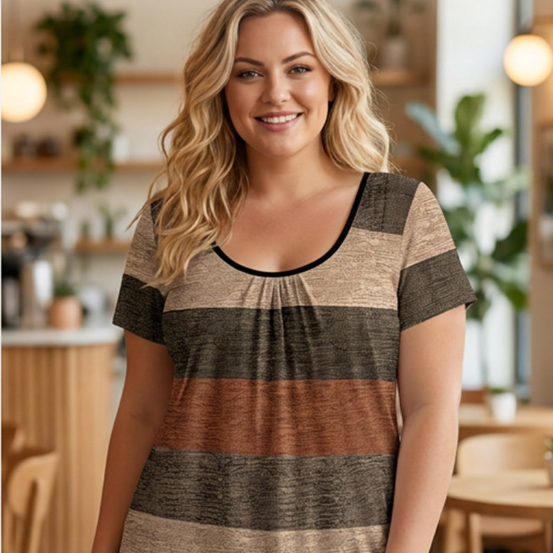 Plissiertes T-Shirt mit Farbblöcken für Damen in Übergrößen
