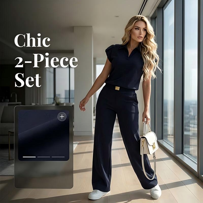 🔥👚50% Rabatt! Damen Chic Zweiteiler-Set: Bequemes Polo-Top & Wide-Leg-Hose | Elegant für Jeden Tag & Jede Gelegenheit 🌸💨