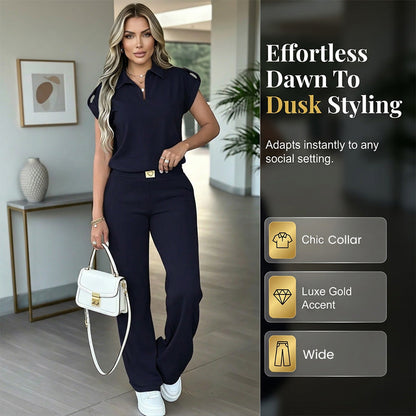 🔥👚50% Rabatt! Damen Chic Zweiteiler-Set: Bequemes Polo-Top & Wide-Leg-Hose | Elegant für Jeden Tag & Jede Gelegenheit 🌸💨