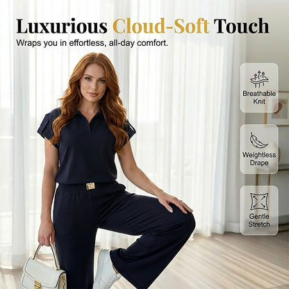 🔥👚50% Rabatt! Damen Chic Zweiteiler-Set: Bequemes Polo-Top & Wide-Leg-Hose | Elegant für Jeden Tag & Jede Gelegenheit 🌸💨