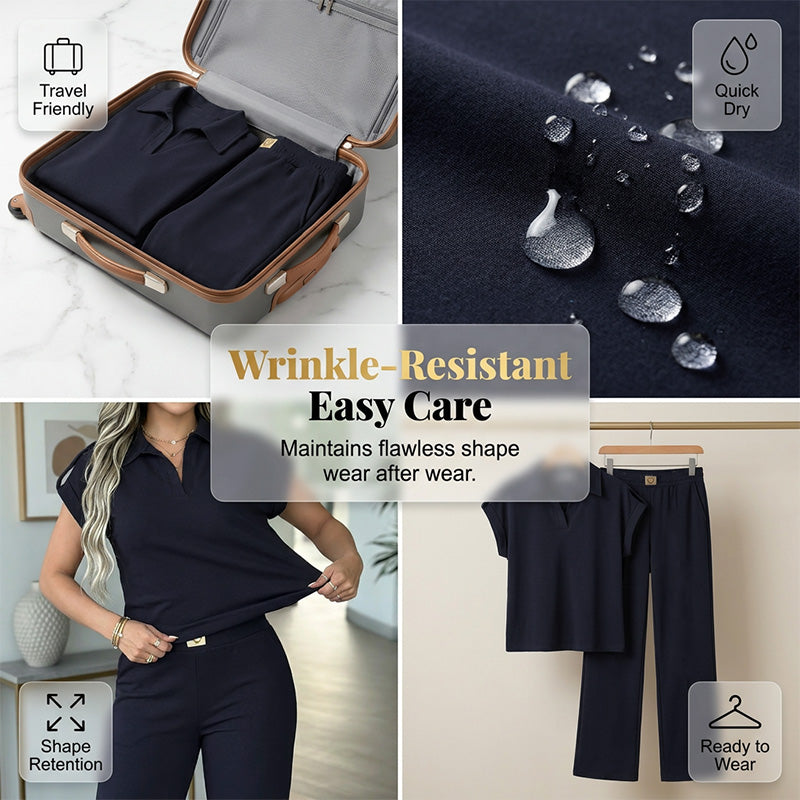 🔥👚50% Rabatt! Damen Chic Zweiteiler-Set: Bequemes Polo-Top & Wide-Leg-Hose | Elegant für Jeden Tag & Jede Gelegenheit 🌸💨