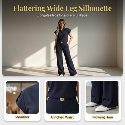 🔥👚50% Rabatt! Damen Chic Zweiteiler-Set: Bequemes Polo-Top & Wide-Leg-Hose | Elegant für Jeden Tag & Jede Gelegenheit 🌸💨