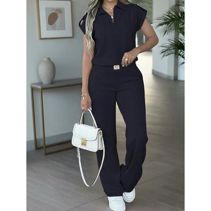🔥👚50% Rabatt! Damen Chic Zweiteiler-Set: Bequemes Polo-Top & Wide-Leg-Hose | Elegant für Jeden Tag & Jede Gelegenheit 🌸💨
