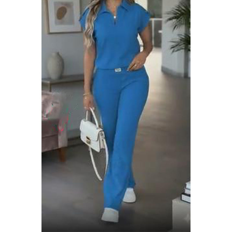 🔥👚50% Rabatt! Damen Chic Zweiteiler-Set: Bequemes Polo-Top & Wide-Leg-Hose | Elegant für Jeden Tag & Jede Gelegenheit 🌸💨