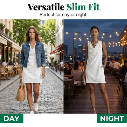 👗 50% RABATT! ⏰ Elegantes Slim-Fit-Kleid mit Wasserfallausschnitt – Ärmellos & mit Seitentaschen – Vielseitig & schmeichelhaft – perfekt für Büro, Dinner oder einen stilvollen Auftritt im Alltag ✨🌸