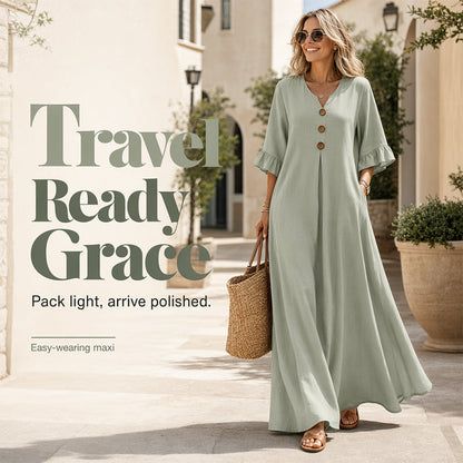 ✈️Versandkostenfrei🔥 Letzter Tag! 50% Rabatt Damen V-Ausschnitt Maxikleid 🌿 Locker fließend mit Rüschenärmeln für Sommer & Strand