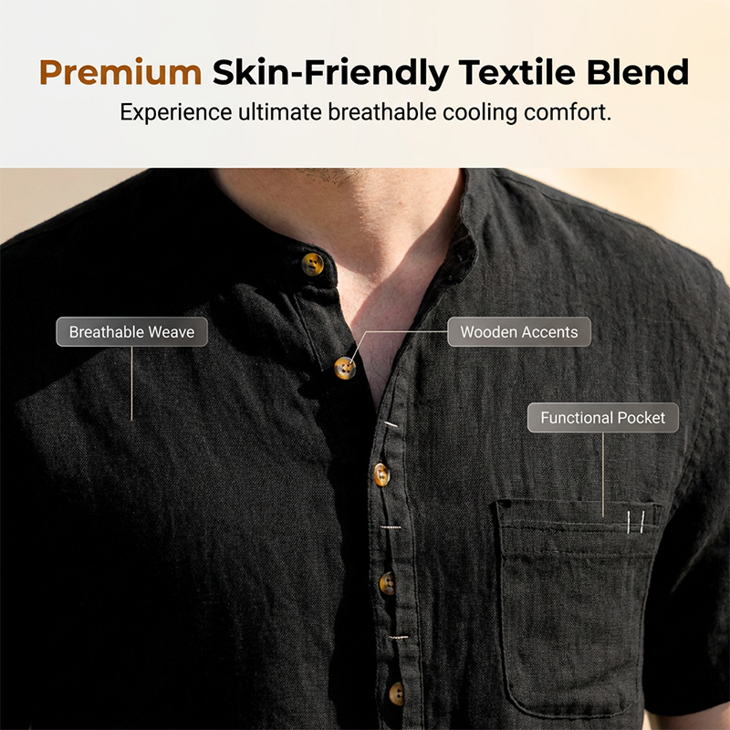 Herren Sommer Henley Shirt Kurzarm Lässiges Baumwoll-Leinen T-Shirt