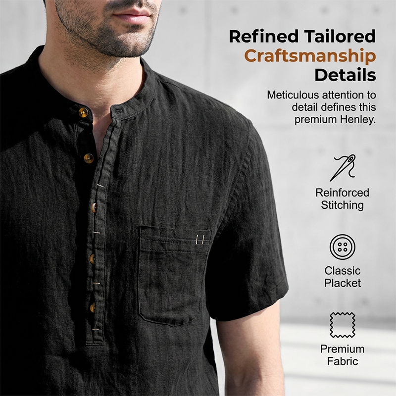 Herren Sommer Henley Shirt Kurzarm Lässiges Baumwoll-Leinen T-Shirt