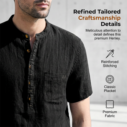 Herren Sommer Henley Shirt Kurzarm Lässiges Baumwoll-Leinen T-Shirt