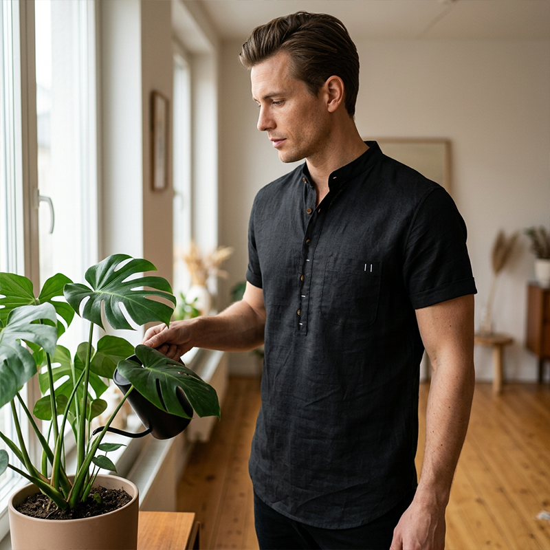 Herren Sommer Henley Shirt Kurzarm Lässiges Baumwoll-Leinen T-Shirt