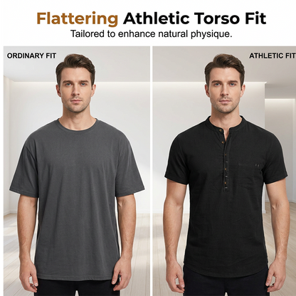 Herren Sommer Henley Shirt Kurzarm Lässiges Baumwoll-Leinen T-Shirt