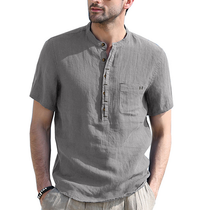 Herren Sommer Henley Shirt Kurzarm Lässiges Baumwoll-Leinen T-Shirt