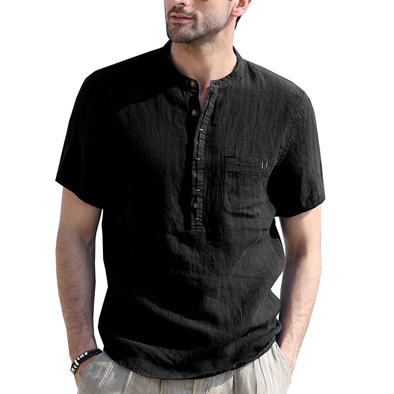 Herren Sommer Henley Shirt Kurzarm Lässiges Baumwoll-Leinen T-Shirt