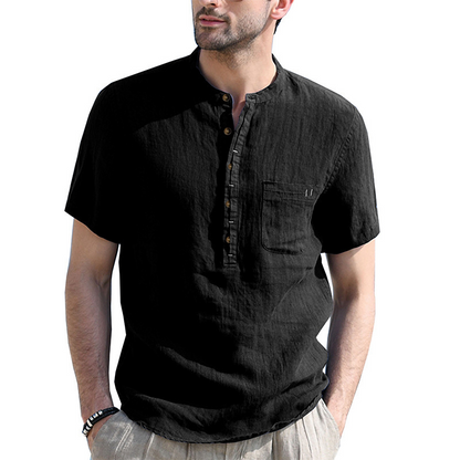 Herren Sommer Henley Shirt Kurzarm Lässiges Baumwoll-Leinen T-Shirt