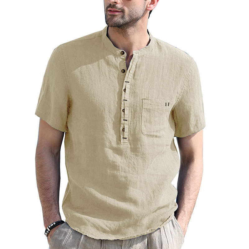 Herren Sommer Henley Shirt Kurzarm Lässiges Baumwoll-Leinen T-Shirt