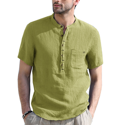 Herren Sommer Henley Shirt Kurzarm Lässiges Baumwoll-Leinen T-Shirt
