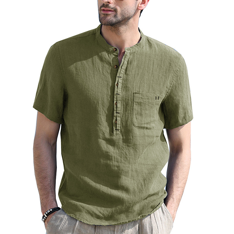 Herren Sommer Henley Shirt Kurzarm Lässiges Baumwoll-Leinen T-Shirt