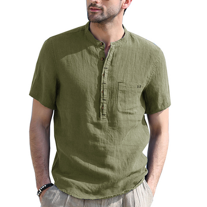 Herren Sommer Henley Shirt Kurzarm Lässiges Baumwoll-Leinen T-Shirt