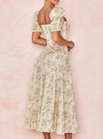 🎁Heißer Verkauf 50% RABATT⏳Kleid mit eckigem Ausschnitt, Puffärmeln und Blumendruck