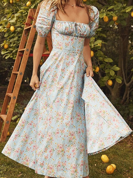 🎁Heißer Verkauf 50% RABATT⏳Kleid mit eckigem Ausschnitt, Puffärmeln und Blumendruck