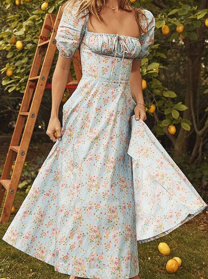 🎁Heißer Verkauf 50% RABATT⏳Kleid mit eckigem Ausschnitt, Puffärmeln und Blumendruck