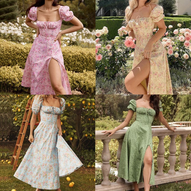 🎁Heißer Verkauf 50% RABATT⏳Kleid mit eckigem Ausschnitt, Puffärmeln und Blumendruck