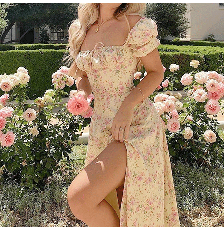 🎁Heißer Verkauf 50% RABATT⏳Kleid mit eckigem Ausschnitt, Puffärmeln und Blumendruck