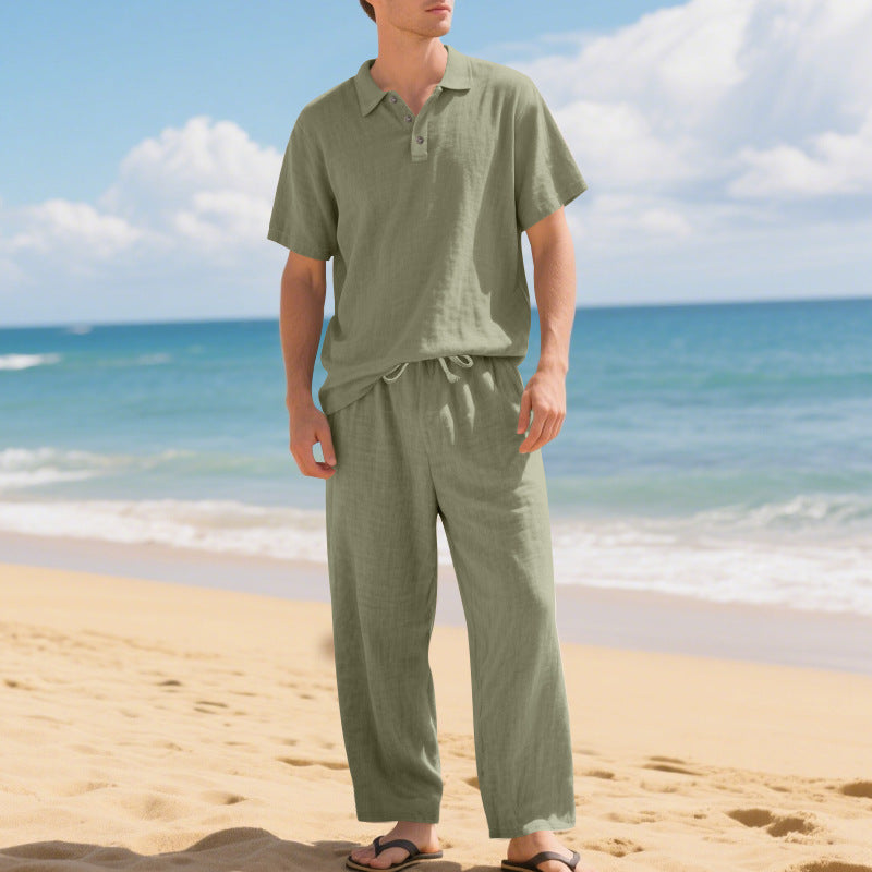 Herren Leinengemisch Hemd und Hose Set Locker Geschnitten Strandmode