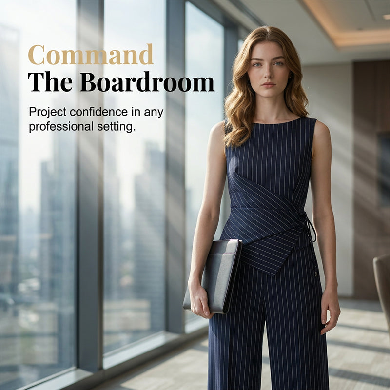 💼✨ Damen Nadelstreifen-Jumpsuit mit Wickelgürtel – Eleganter Einteiler, Schmeichelhafter V-Ausschnitt & Weites Bein, Mühelos vom Büro zum Abendessen