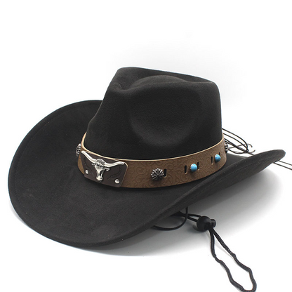 Unisex Wildleder-Cowboyhut mit Vintage-Bullband und Windseil