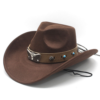 Unisex Wildleder-Cowboyhut mit Vintage-Bullband und Windseil