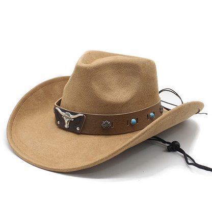 Unisex Wildleder-Cowboyhut mit Vintage-Bullband und Windseil