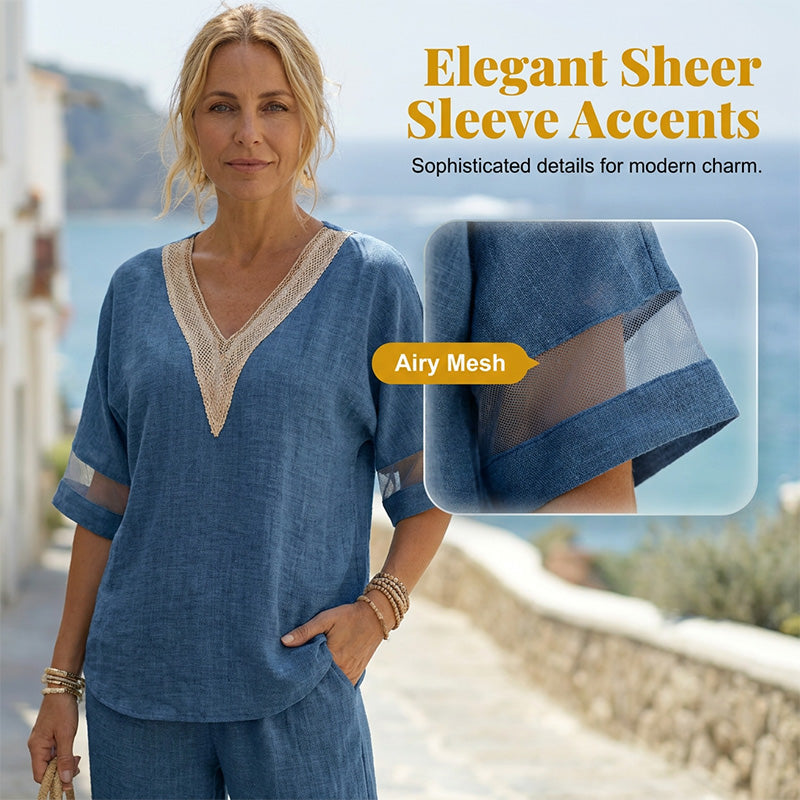 🌺 Set aus elegantem Oberteil mit V-Ausschnitt und Hose mit weitem Bein