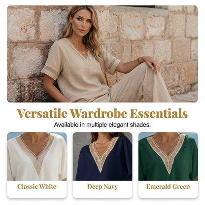 🌺 Set aus elegantem Oberteil mit V-Ausschnitt und Hose mit weitem Bein