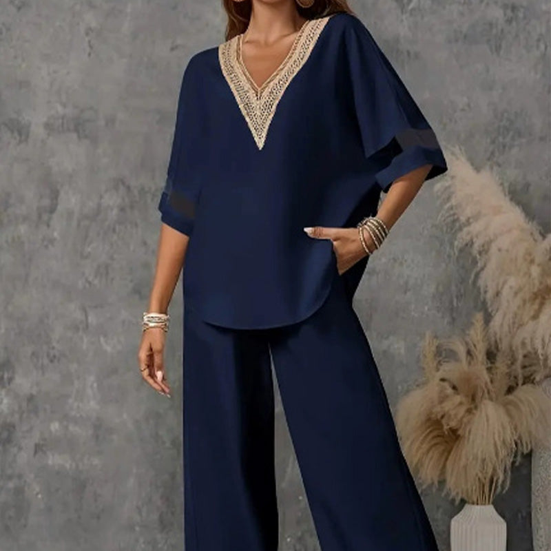 🌺 Set aus elegantem Oberteil mit V-Ausschnitt und Hose mit weitem Bein