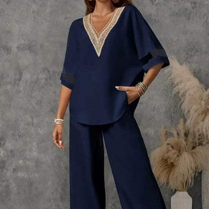 🌺 Set aus elegantem Oberteil mit V-Ausschnitt und Hose mit weitem Bein