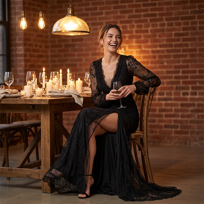 Elegantes Damen-Abendkleid mit V-Ausschnitt und Spitze