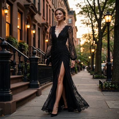 Elegantes Damen-Abendkleid mit V-Ausschnitt und Spitze