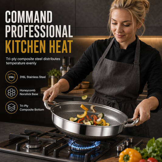 💥 Thickened Stainless Steel Nonstick Stir Fry Pan with Lid – Flat Bottom Cooking Wok with Dual Handles, Tri-Ply Thermal Core, Laser-Etched Scratch-Resistant Surface & Even Heat Distribution 🍳