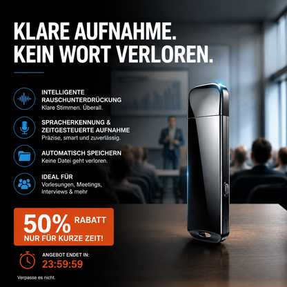 🚗50 % Rabatt🔒 Verschlüsselter USB-Diktierrekorder | Dateiverschlüsselung · Rauschunterdrückung für klare Aufnahmen · Aufnahme auf Knopfdruck · Sprachgesteuerte Aufnahme